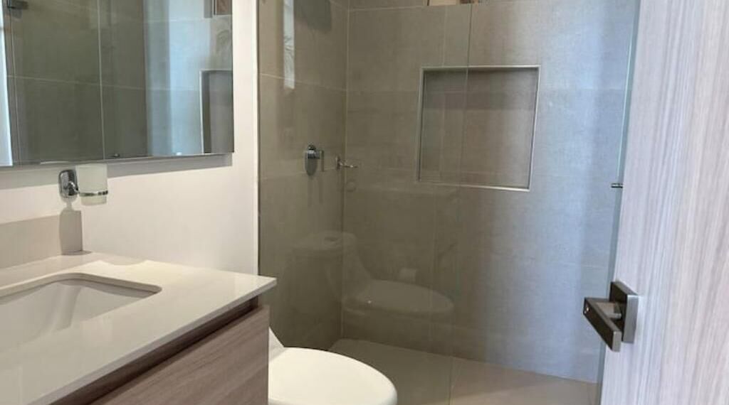 A modern bathroom with a glass-enclosed shower, a toilet, and a sink with a mirror above it.