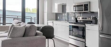 Fridge, dining tables