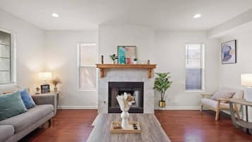 Smart TV, fireplace, books