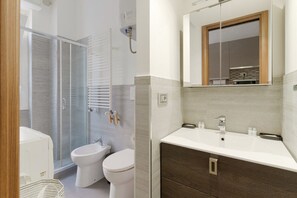 Shower, hair dryer, bidet, towels