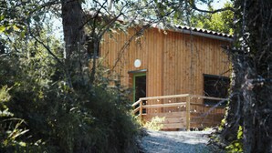 Una cabaña de madera con un sendero de grava que conduce a una terraza de madera.