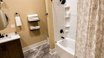 Hair dryer, towels, soap, toilet paper