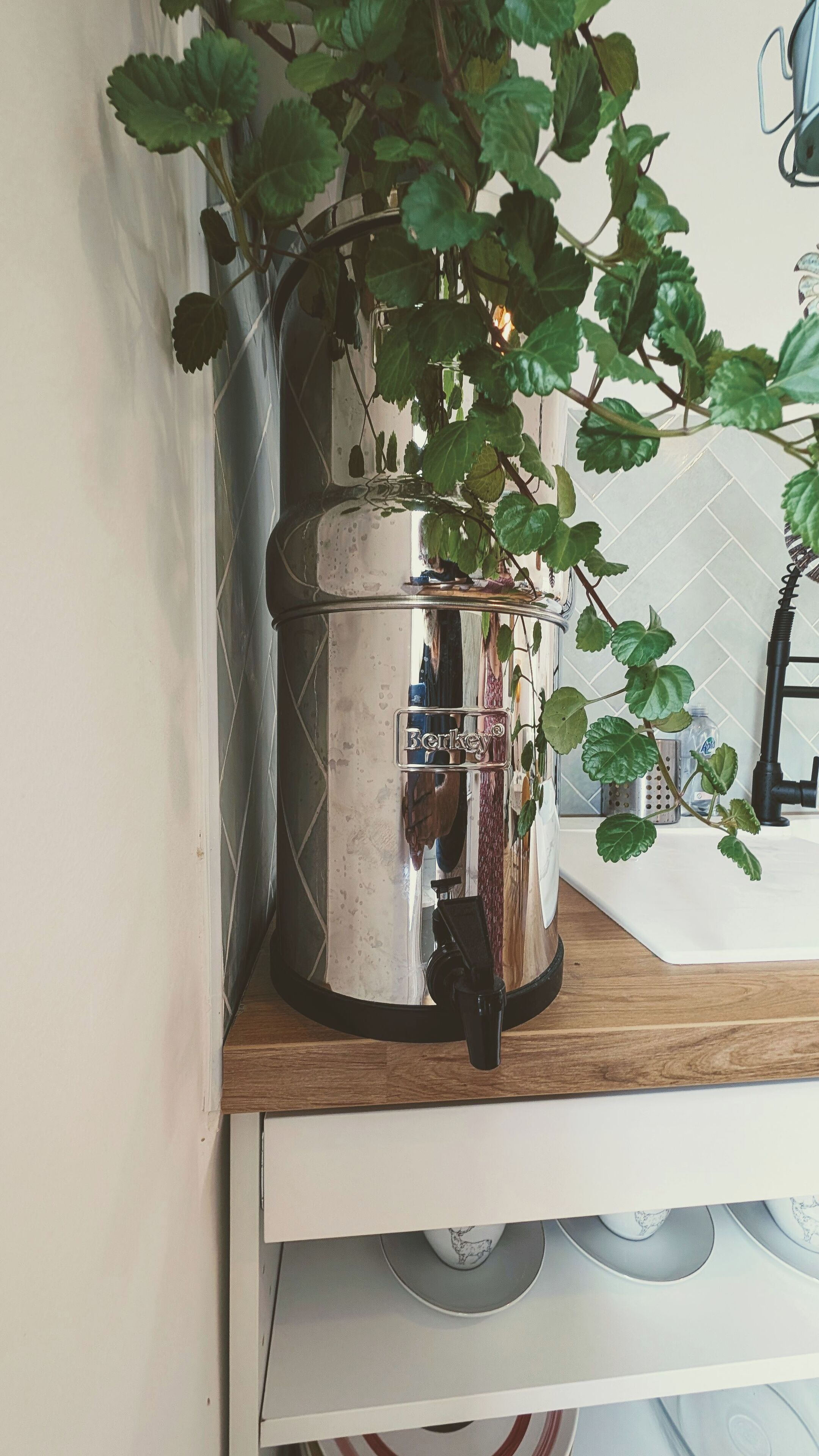 Een keuken met een Berkey waterfilter op een houten plank, een spoelbak en een raam met uitzicht op het exterieur.