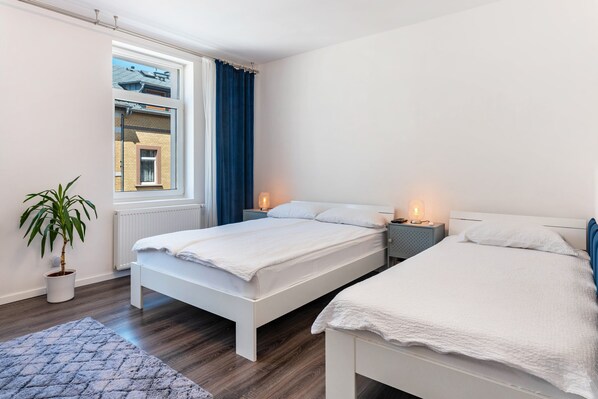 A bedroom with two beds, a potted plant, a nightstand with a lamp, and a window with curtains. - Apartment 'Poli' with Wi-Fi in Gera (Gera)