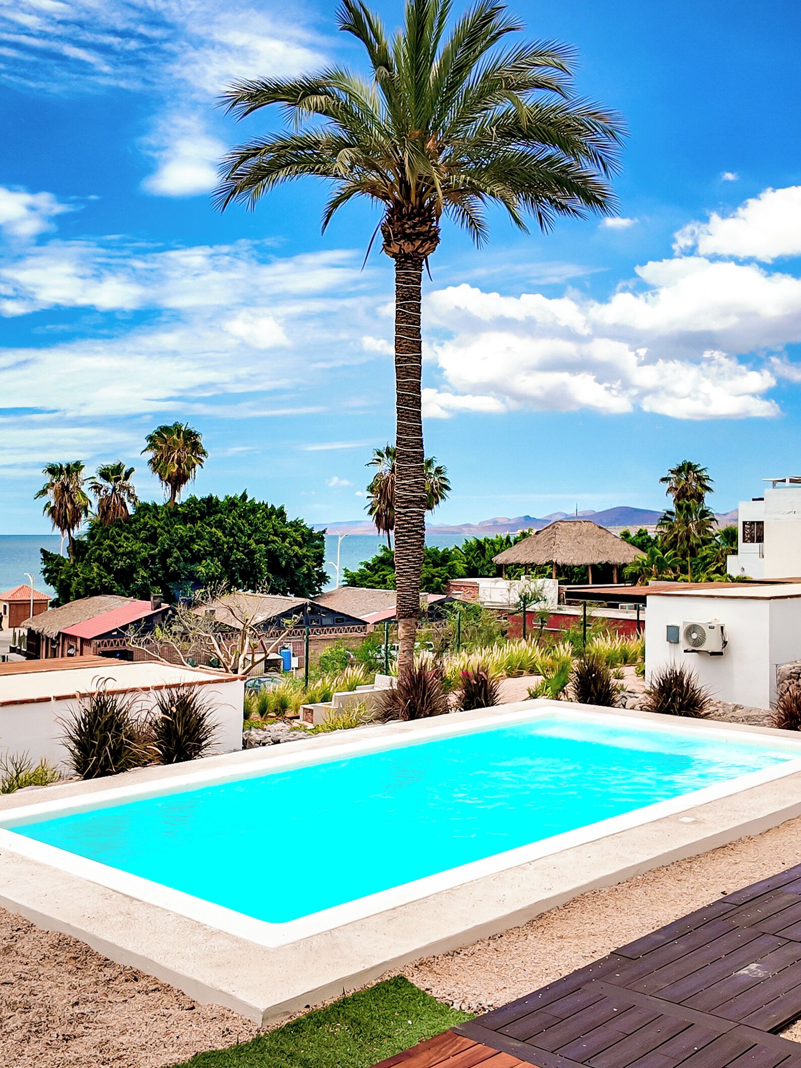 Piscina rodeada de palmeras, con vistas a casas y montañas al fondo.