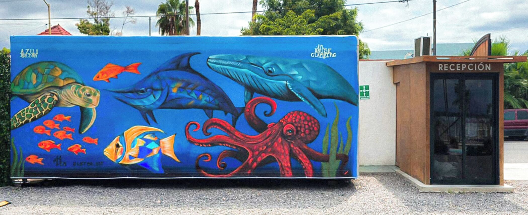 Une fresque représentant la vie marine, avec notamment une tortue, des poissons et une pieuvre, est peinte sur un mur à côté de l’accueil.