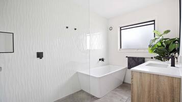 Shower, hair dryer, towels, shampoo