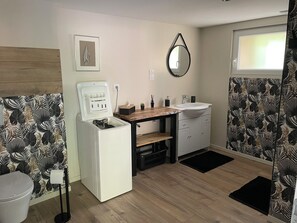 Hair dryer, towels, soap, toilet paper