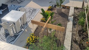 Un patio en la azotea con piscina, sillas de descanso, una mesa y plantas en macetas.