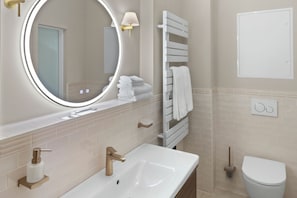 Hair dryer, towels, soap, toilet paper