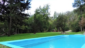 A rectangular swimming pool with a blue interior, surrounded by a grassy lawn and trees. - Apart Hotel Rucaleufú (San Martín de los Andes)