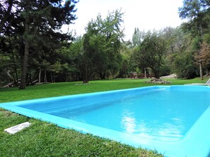 A rectangular swimming pool with a blue interior, surrounded by a grassy lawn and trees. - Apart Hotel Rucaleufú (San Martín de los Andes)