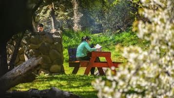 Una persona sentada en una mesa de picnic de madera en un área al aire libre con césped, un muro de piedra y un farol al fondo.