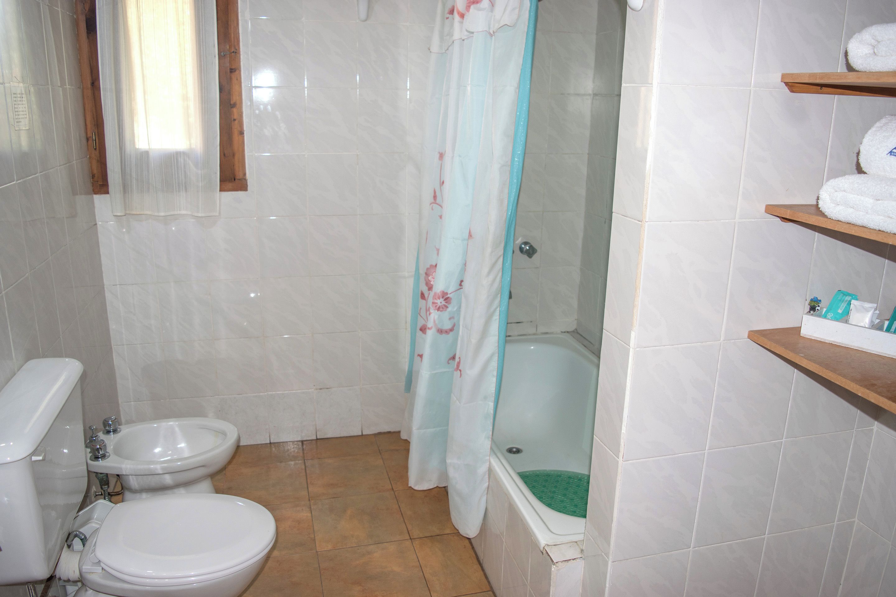 A bathroom with a toilet, bidet, bathtub, and a shower curtain.