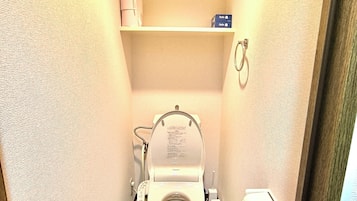 Secadora de cabello, toallas, jabón, papel de baño