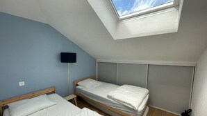 Un apartamento pequeño de un ambiente con tragaluz, dos camas, televisor de pantalla plana y piso de madera.