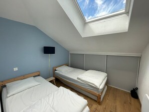 A small, single-room apartment with a skylight, two beds, a flat-screen TV, and a wooden floor.