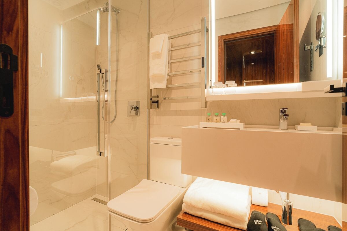 A modern bathroom with a glass-enclosed shower, a white toilet, and a vanity with a mirror above.
