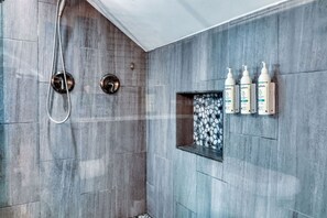 Hair dryer, towels, soap, shampoo