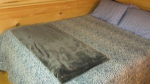 Interior de una cabaña de madera con una cama, un cuadro enmarcado en la pared y una escalera.