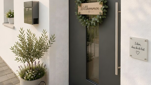 Ein moderner Eingangsbereich mit einer dunklen Tür, einem Willkommensschild, einem Blumentopf, einem Laternenlicht und einer Fußmatte.