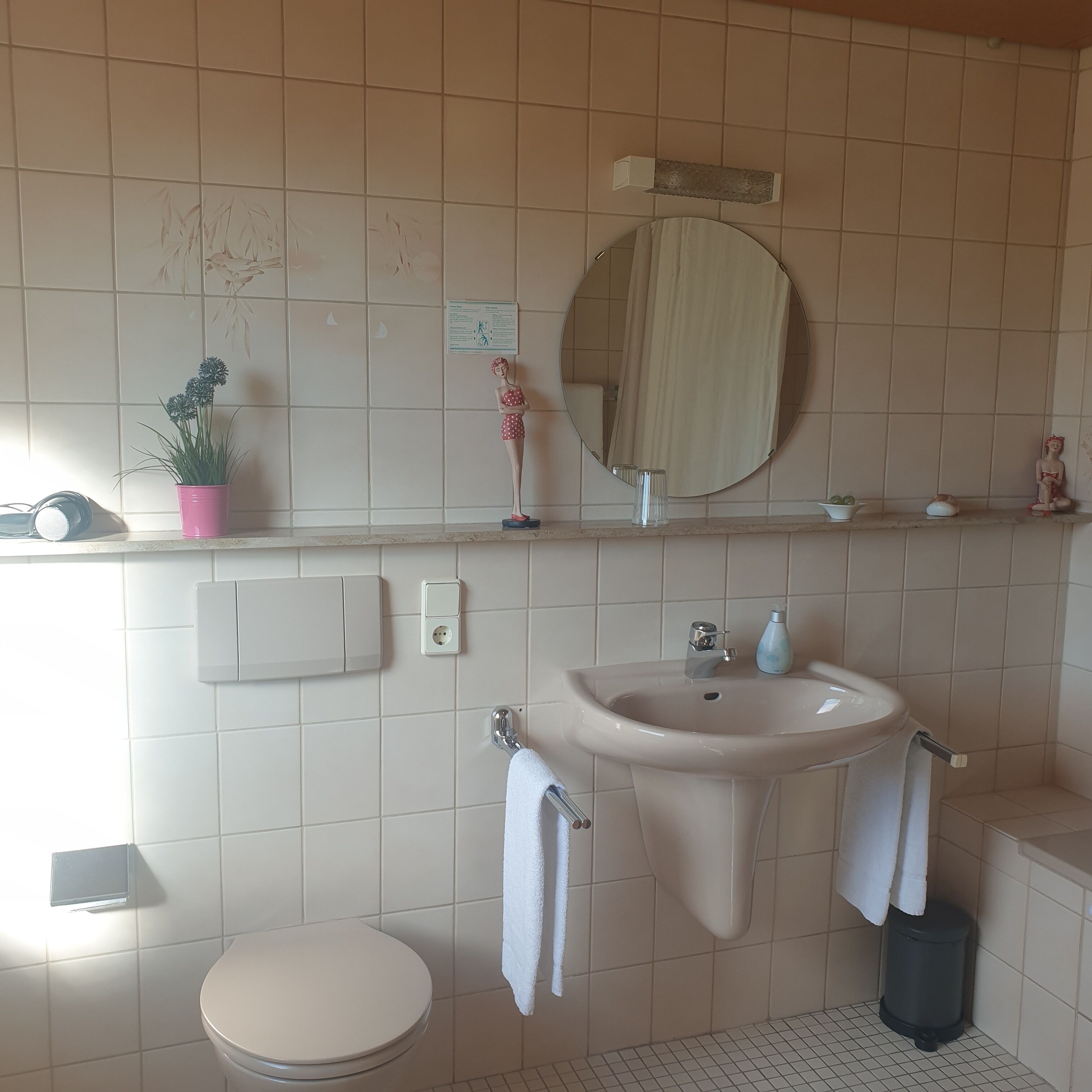 Un baño con lavamanos, inodoro y espejo. Hay una planta en maceta en el mostrador y una toalla colgada en la pared.