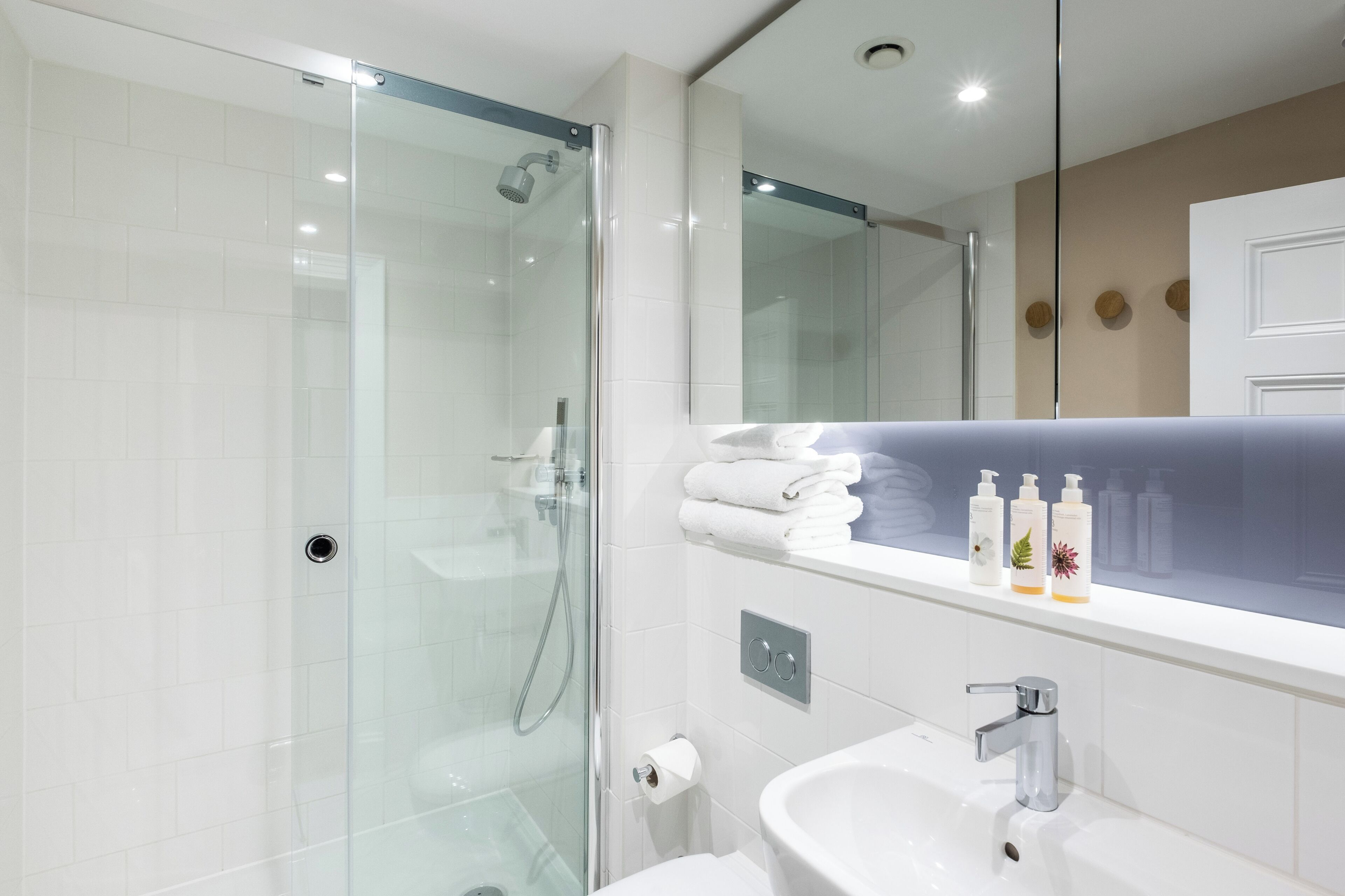 A modern bathroom with a glass-enclosed shower, a white sink, and a mirror above the sink.