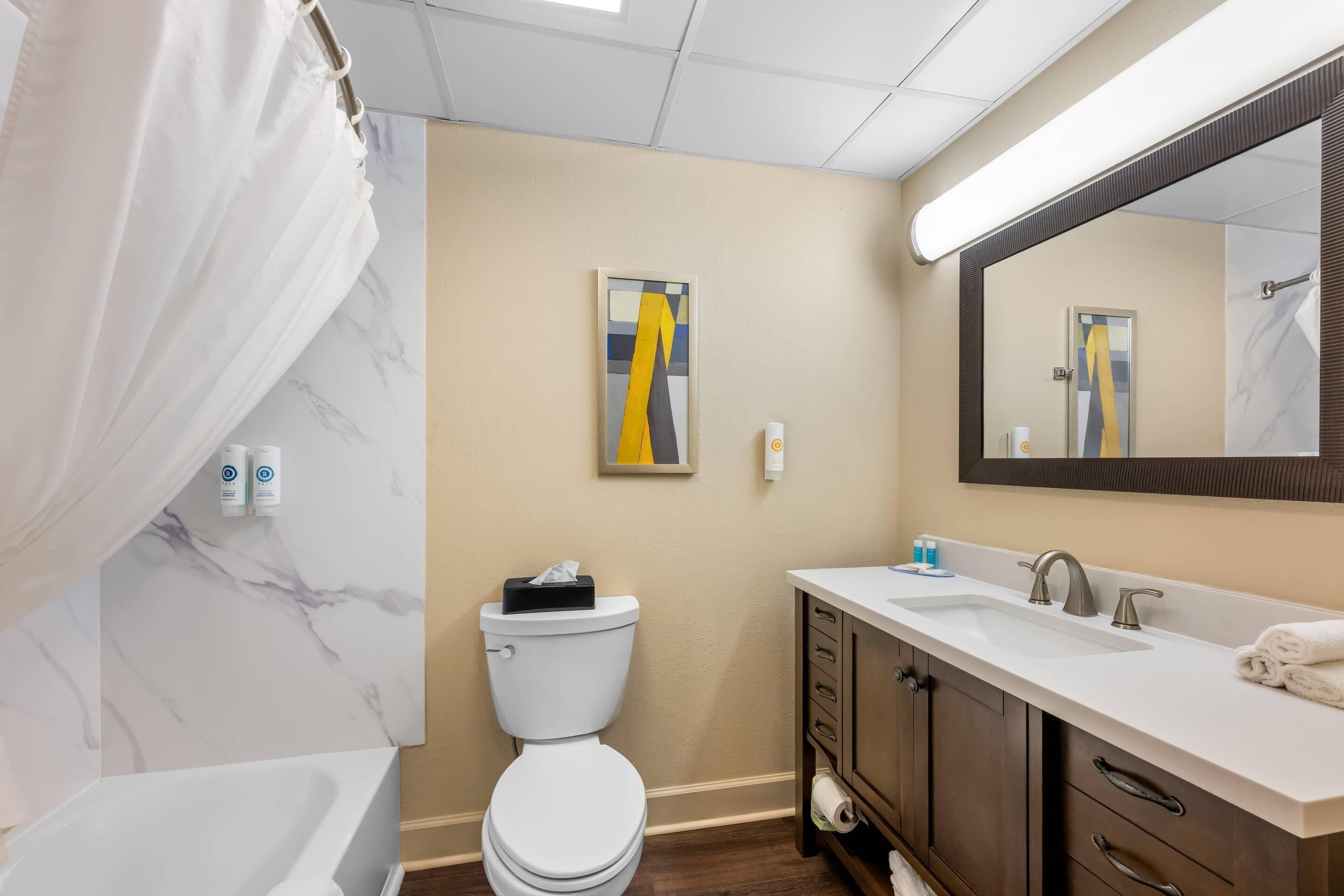 Un bagno con il water, lavandino, specchio e tenda della doccia.