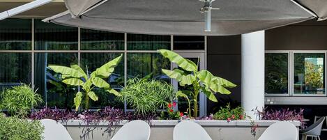 Un área de descanso con cuatro sillas blancas y un paraguas grande, rodeada de plantas en macetas y la fachada de un edificio moderno.
