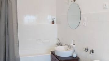 Hair dryer, towels, soap, toilet paper