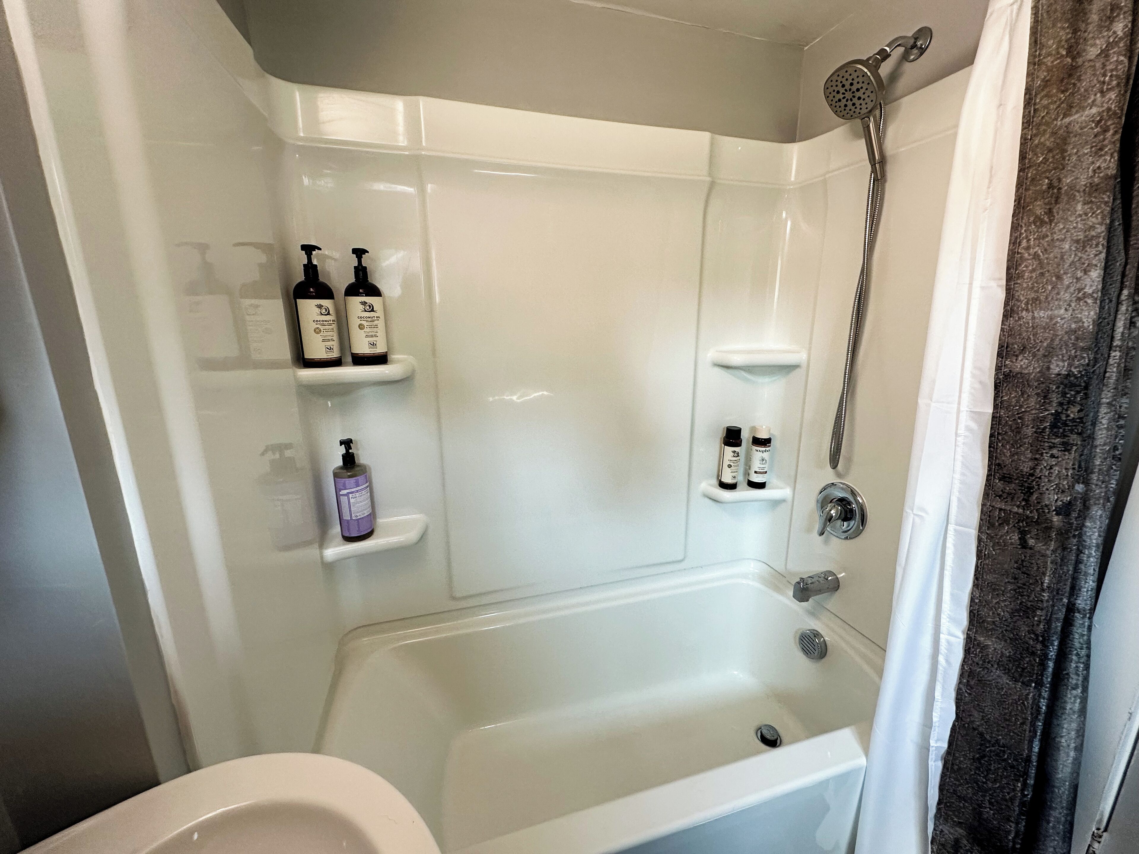 Hair dryer, bidet, towels, soap