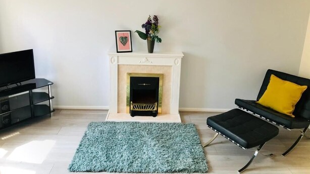 Un salon avec une cheminée, un téléviseur, un canapé et un tapis.