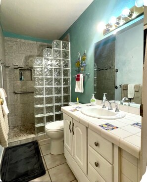 Shower, hair dryer, towels, soap
