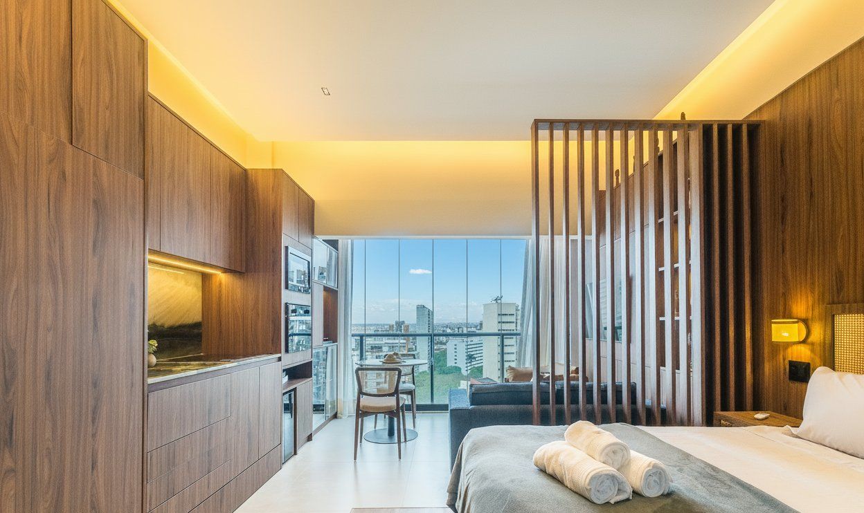 Una habitación de hotel moderna con una cama grande, un escritorio y vistas a la ciudad.