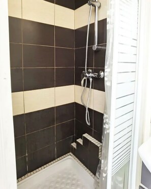 Shower, towels, soap, toilet paper