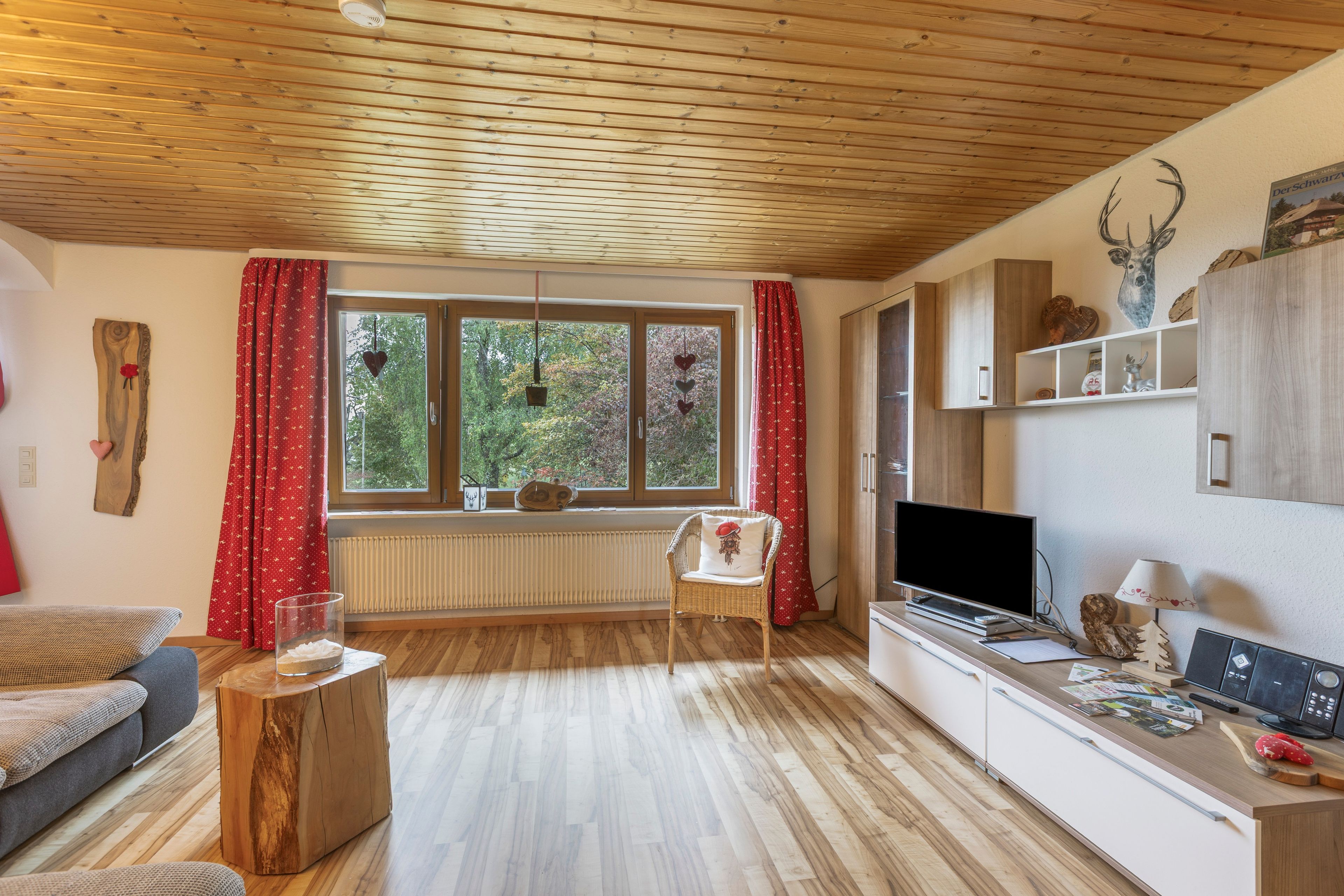 Ein gemütliches Wohnzimmer mit Holzboden, einem großen Fenster mit Vorhängen, einem Fernseher und einem Kamin.