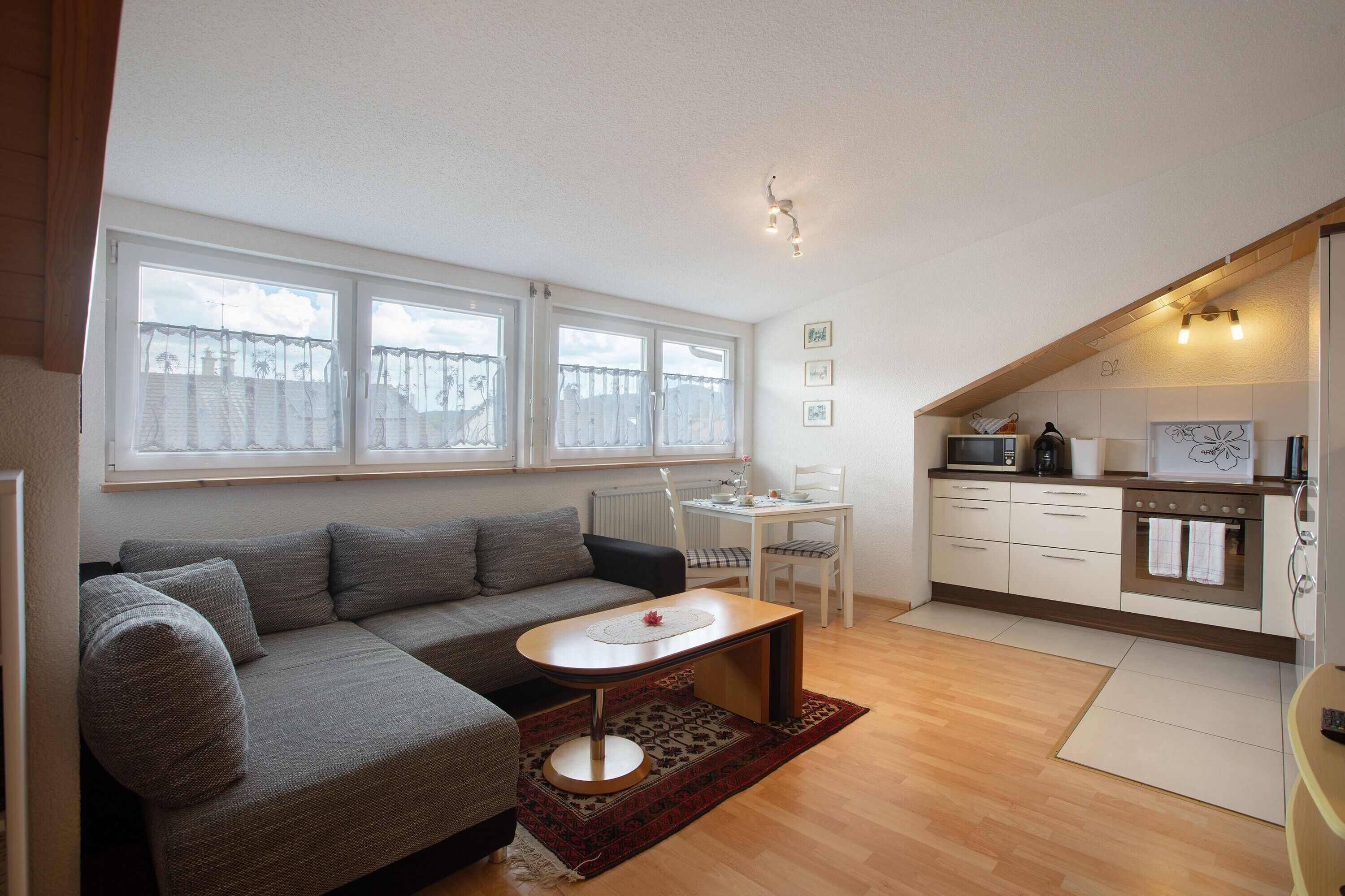 A compact living space with a sofa, a small table, a kitchen area, and a dining table.