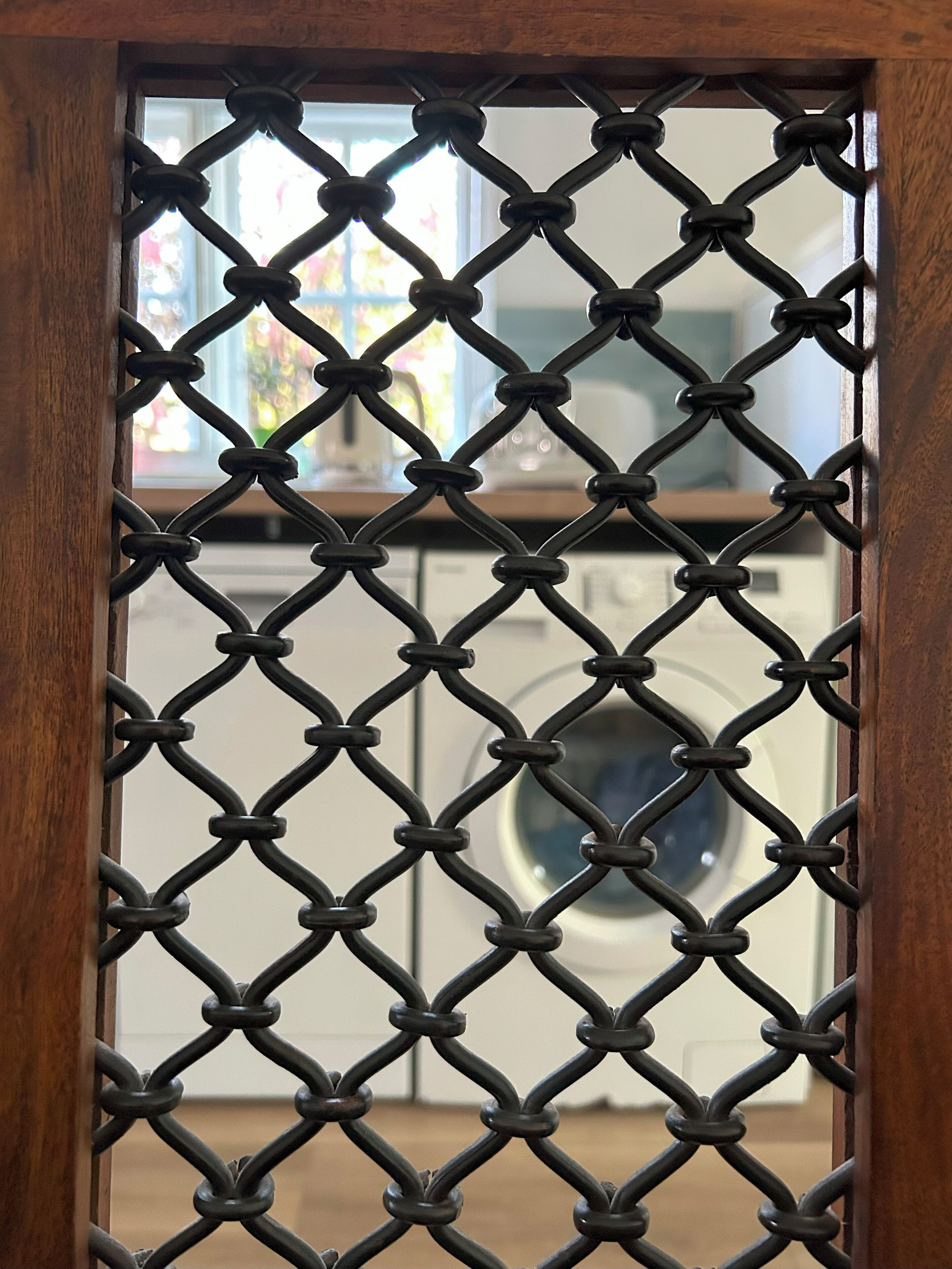 A view through a metal mesh door with a washing machine visible in the background.