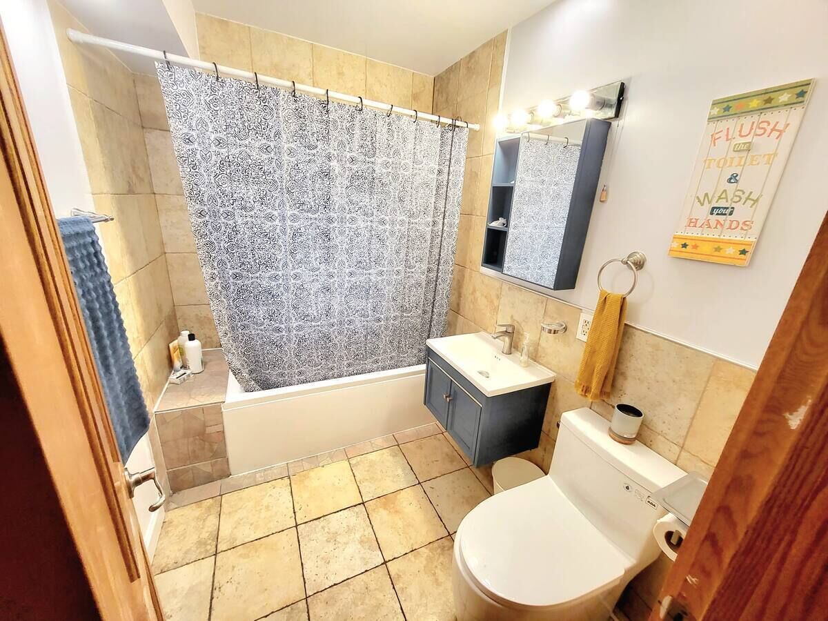 Hair dryer, towels, soap, toilet paper