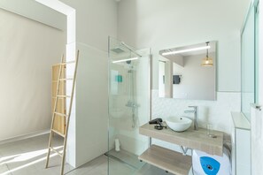 Shower, hair dryer, towels