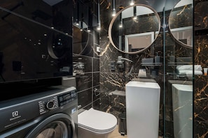Shower, hair dryer, towels, shampoo