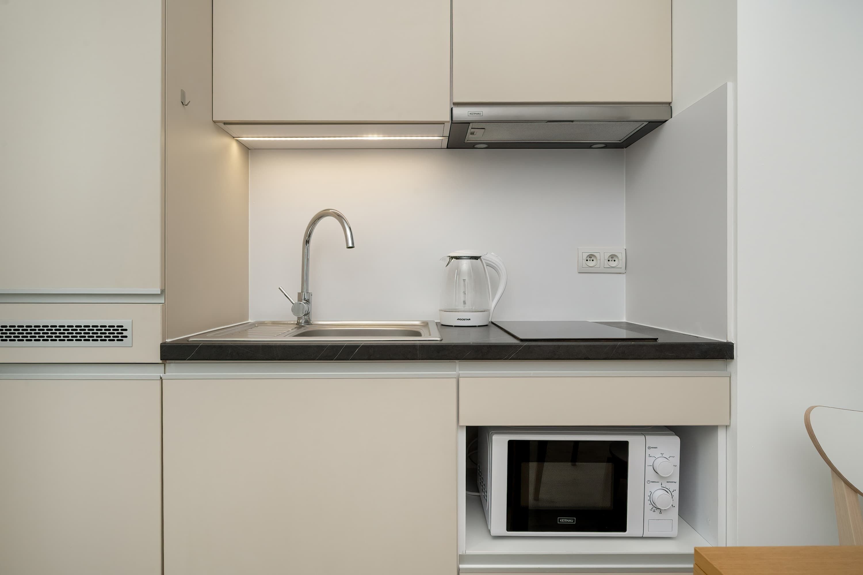 Fridge, microwave, stovetop, toaster