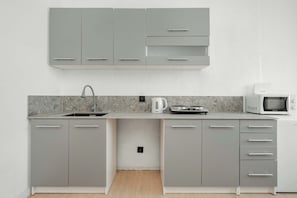 Fridge, microwave, stovetop, electric kettle