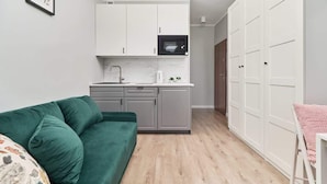 Ein kompakter Wohnraum mit Küchenzeile, einem grünen Sofa und einem weißen Kleiderschrank.