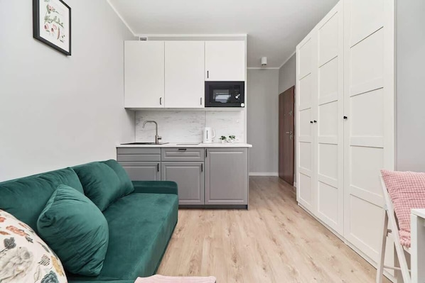 A compact living space with a kitchenette, a green sofa, and a white wardrobe.