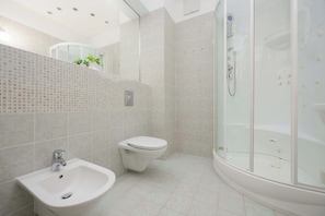 Shower, hair dryer, towels, shampoo