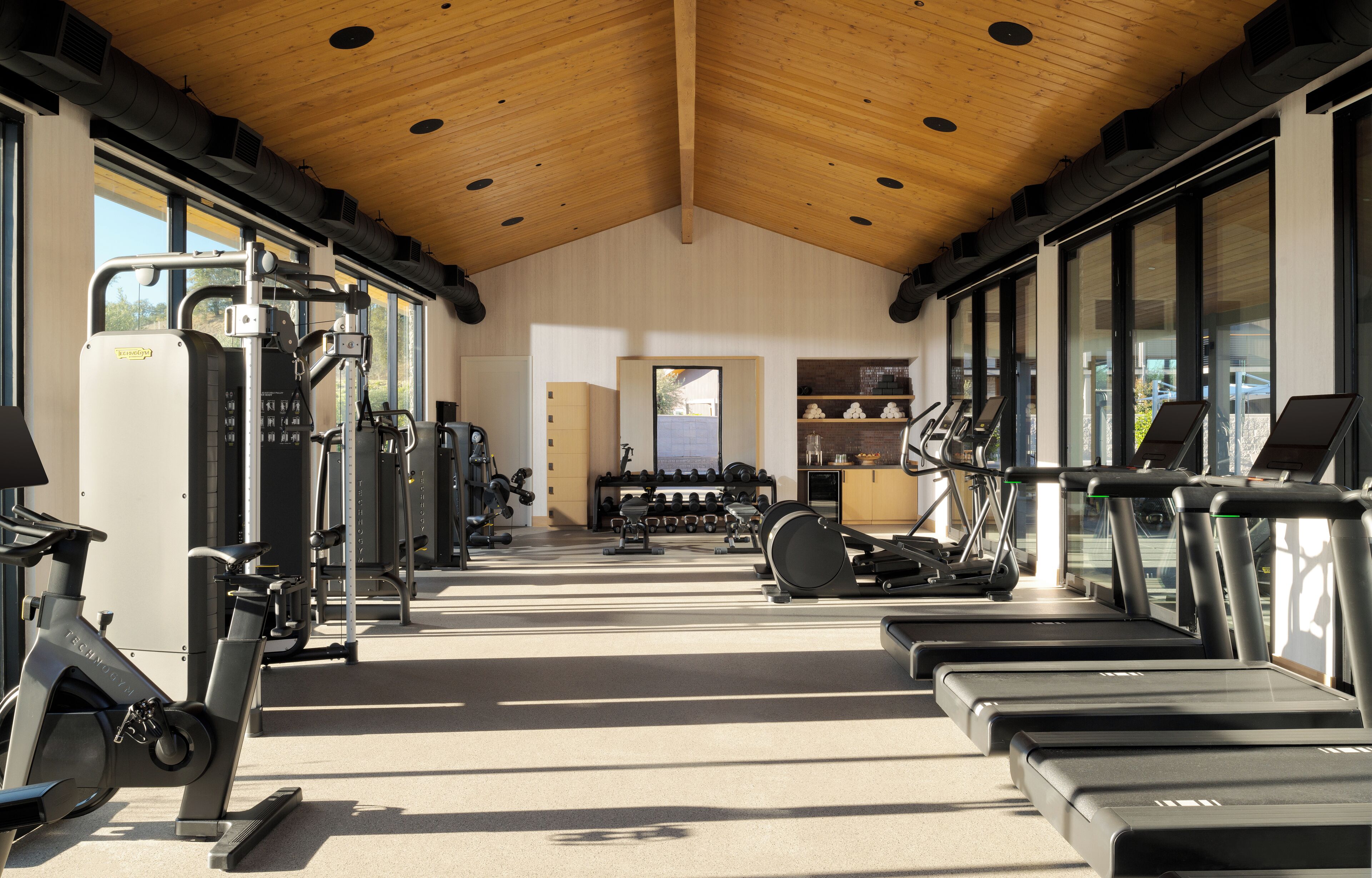 A gym with treadmills, exercise bikes, and weight machines.