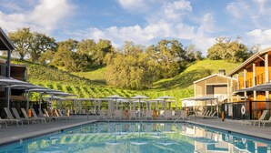 Une piscine entourée d’un espace aménagé et de bâtiments, avec des chaises longues et des parasols à proximité.