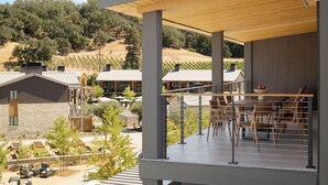 Une terrasse extérieure moderne, dotée d’un plafond en bois, d’un espace repas avec des chaises et une table, et offrant une vue sur des vignobles en arrière-plan.