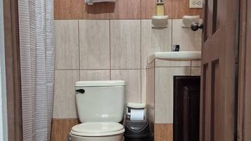 A small bathroom with a toilet, a sink, a mirror, and a trash bin.